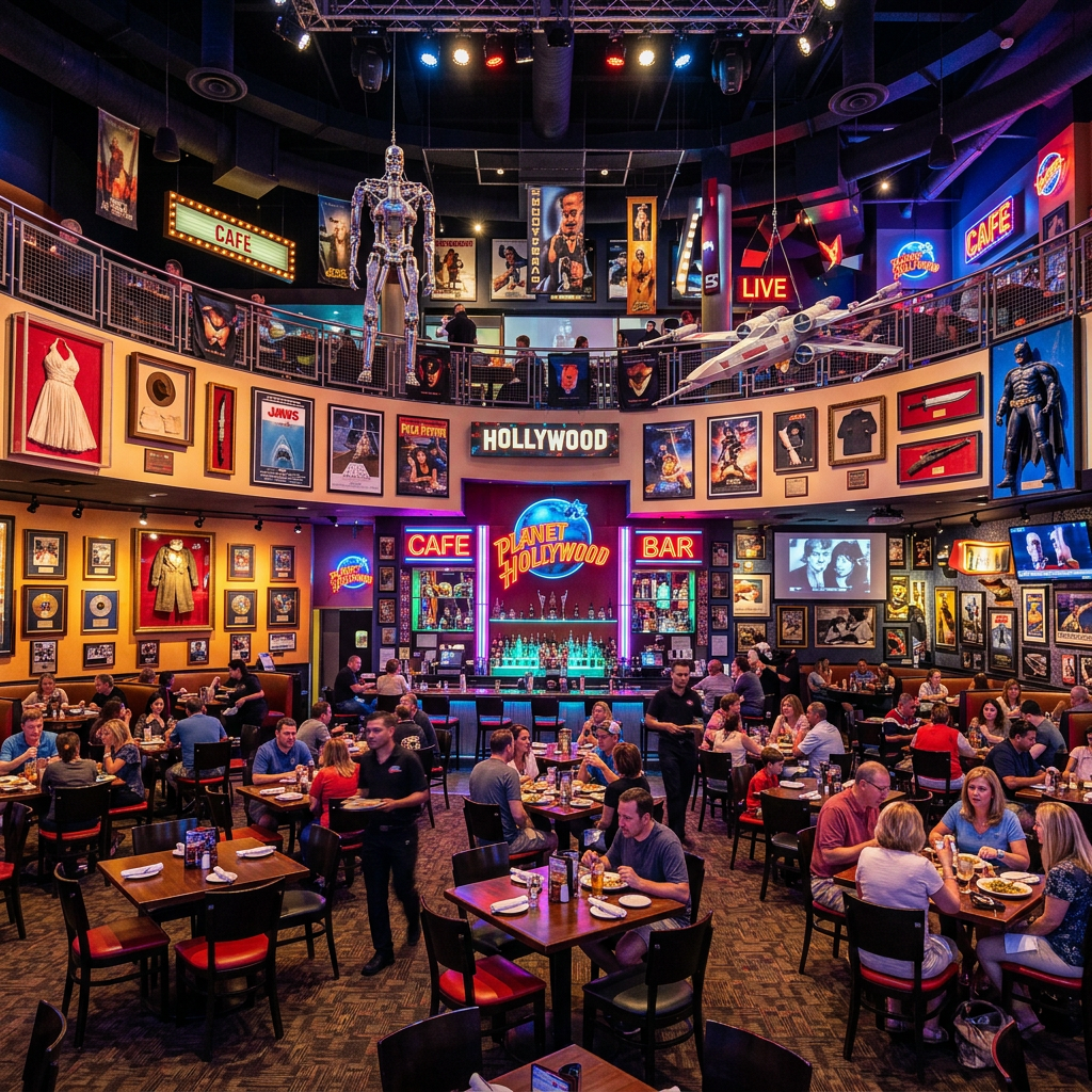 Busy Planet Hollywood restaurant interior with Hollywood movie posters, memorabilia, and diners