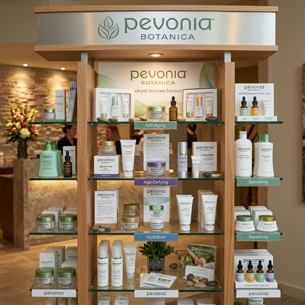Pevonia Botanica skincare products arranged on glass shelves categorized as Anti-Aging, Age-Defying, Hydration, and Sensitivity