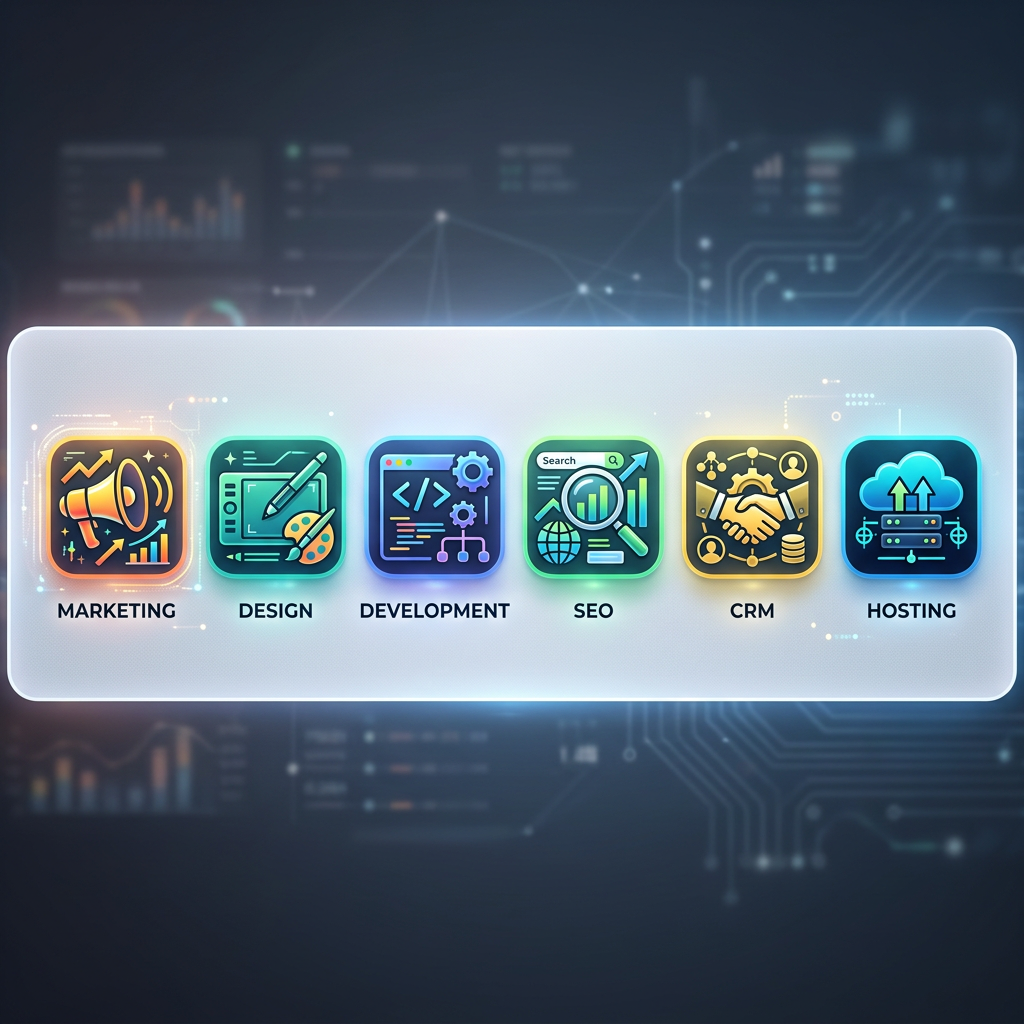 Icons for marketing, design, development, SEO, CRM, and hosting services