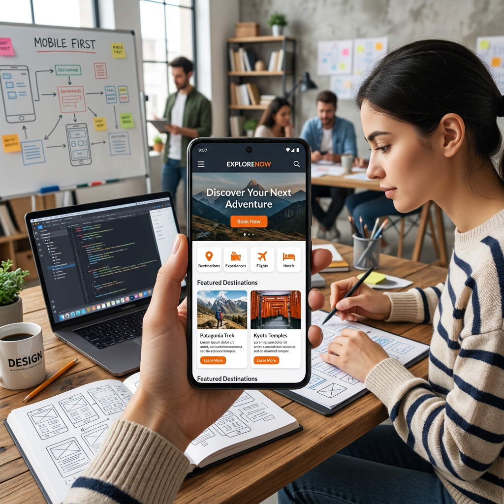 Person holding a phone displaying a travel app interface while another person sketches UI wireframes