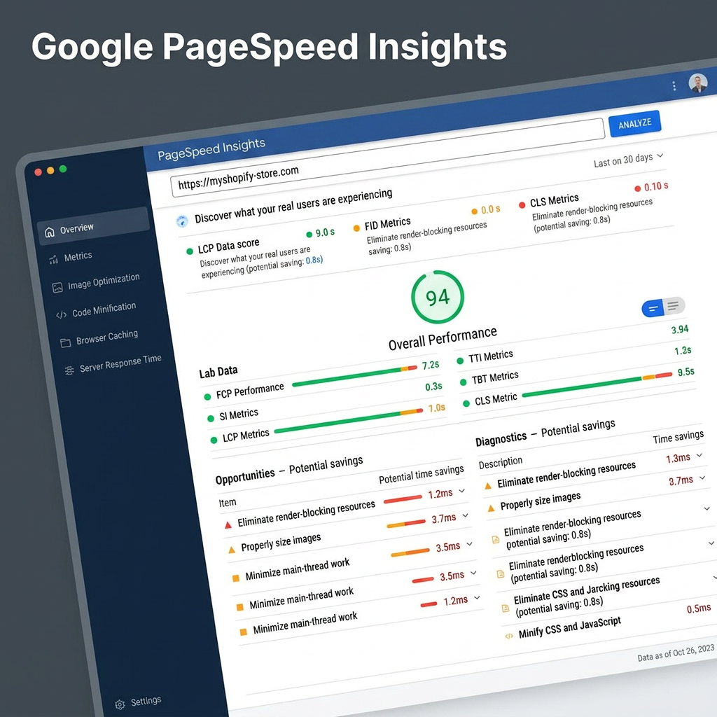Website speed optimization dashboard with performance scores, page load times, charts, and optimization suggestions