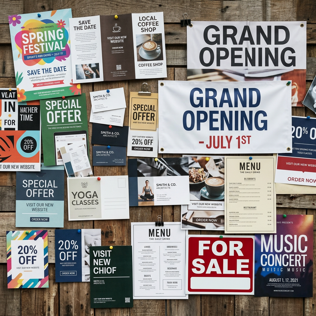 Bulletin board with various flyers including grand opening notices, special offers, yoga classes, coffee shop ads, and a music concert.