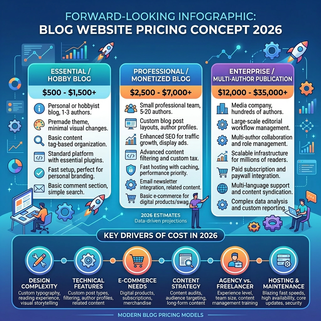 Website cost pricing concept for 2026 with three categories: Essential Starter $1,000-$3,500+, Professional Business $5,000-$15,000+, Enterprise E-commerce $25,000-$75,000+