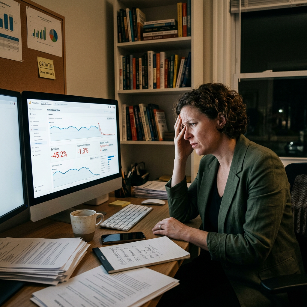 Woman in green blazer looking stressed at computer showing declining web analytics charts