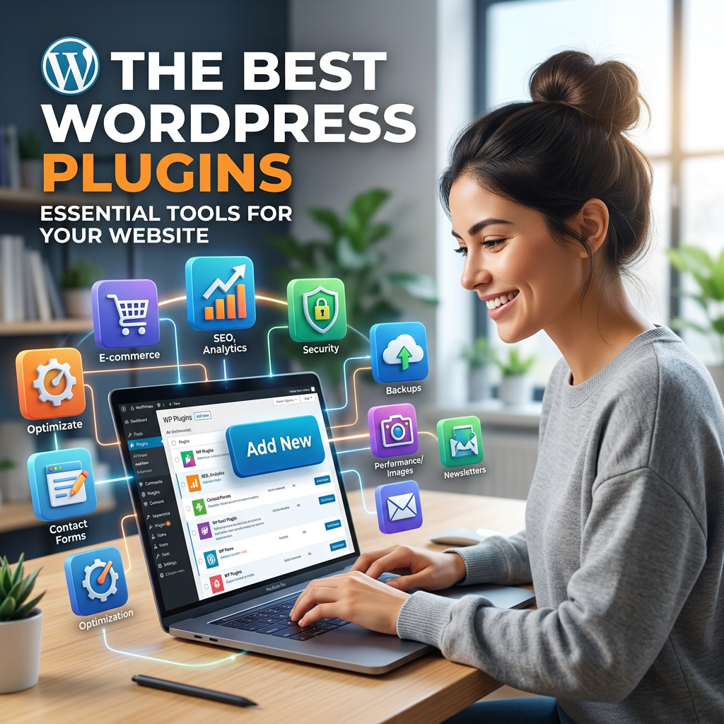 Woman using laptop displaying WordPress plugins with icons for e-commerce, SEO, security, backups, contact forms, performance, and newsletters