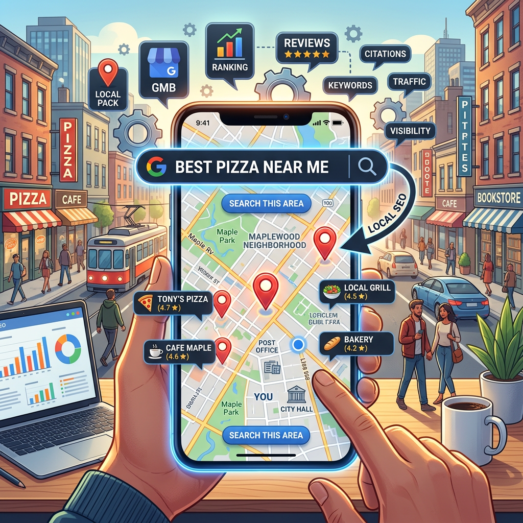 Smartphone showing a map with pizza locations and ratings, highlighting local SEO factors.