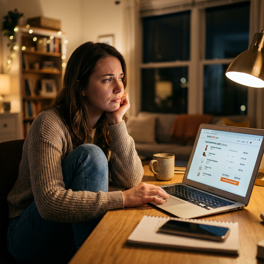 Woman looking thoughtfully at laptop screen displaying an online shopping cart