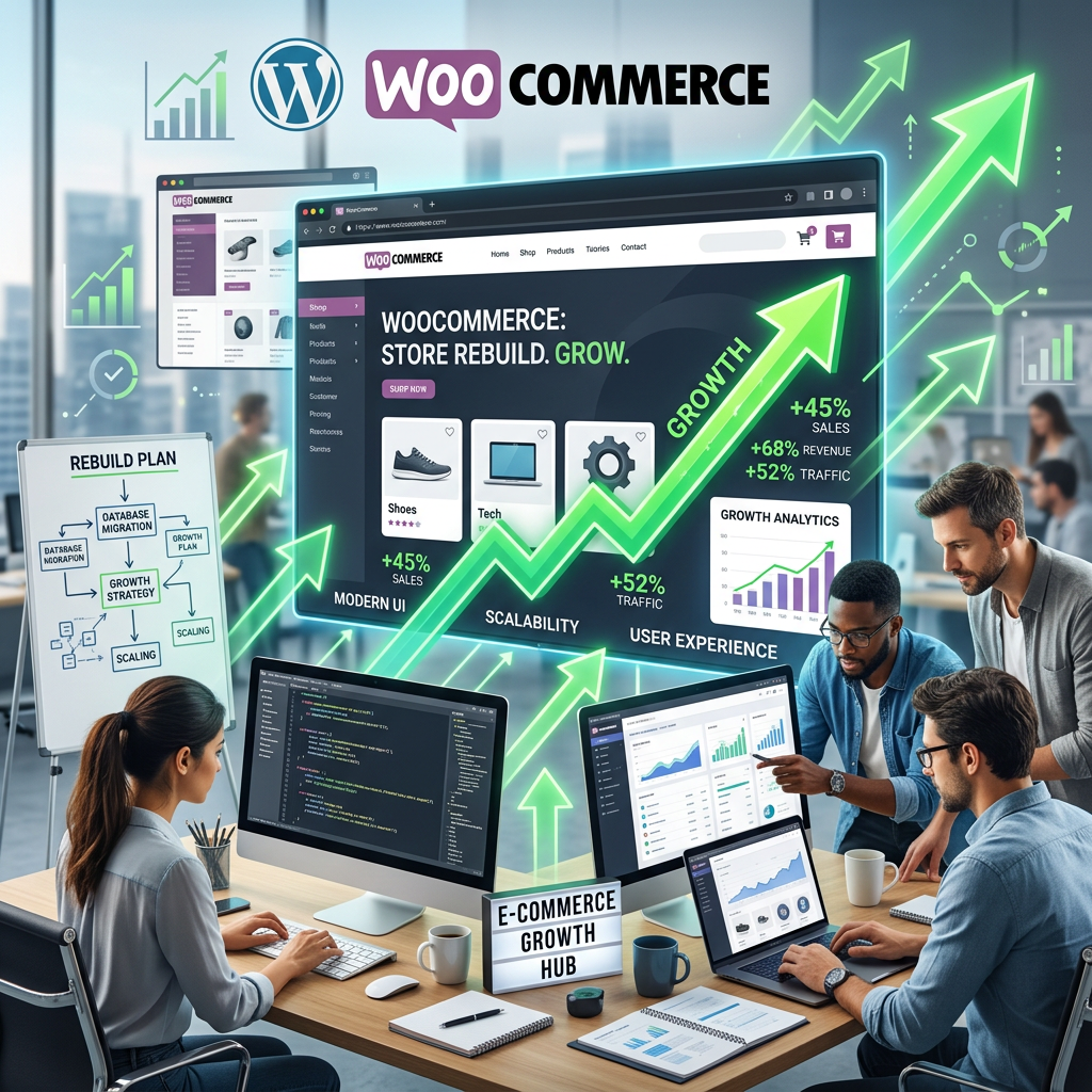 Team working on WooCommerce store rebuild with growth charts and coding screens