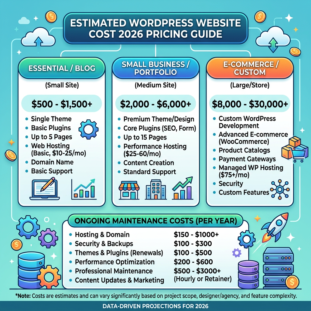 Estimated WordPress website costs for essential blogs, small business portfolios, and e-commerce stores with yearly maintenance costs