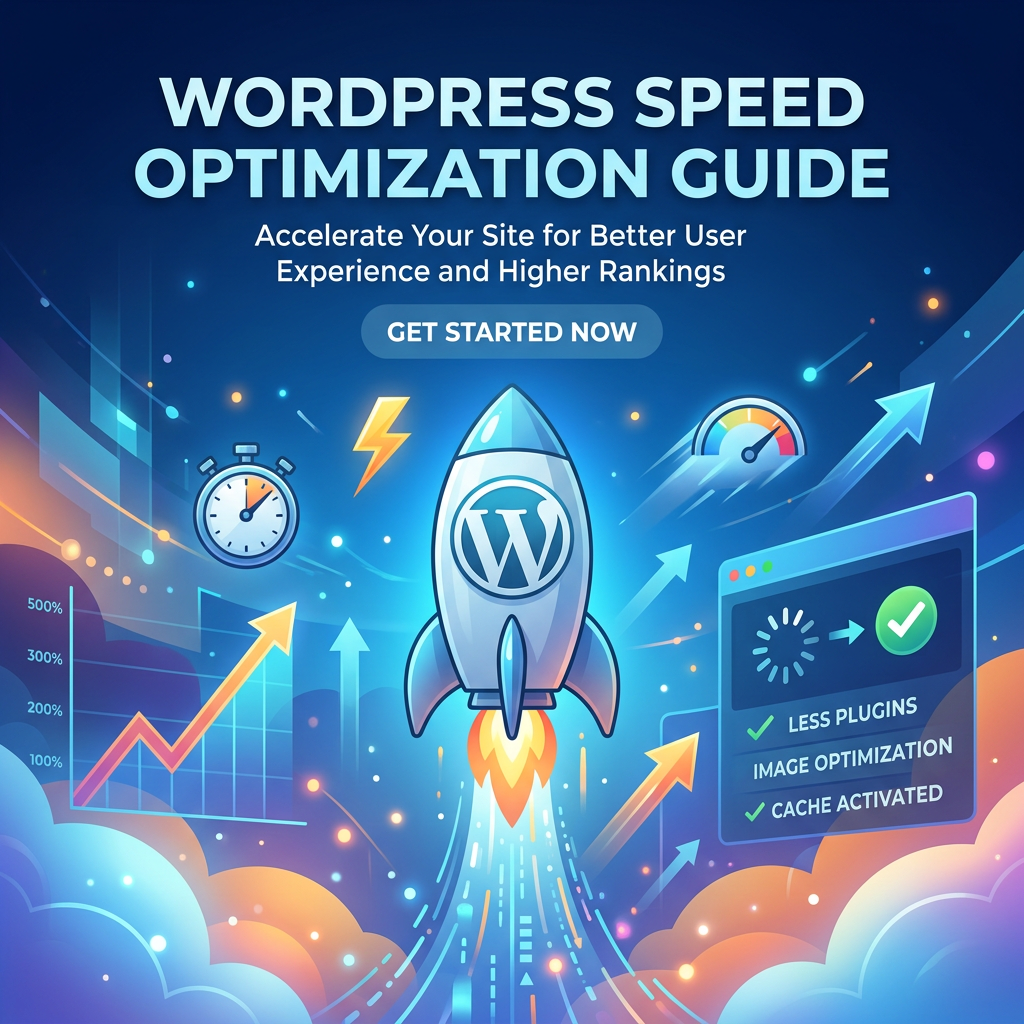 Rocket with WordPress logo launching amid speed and optimization icons