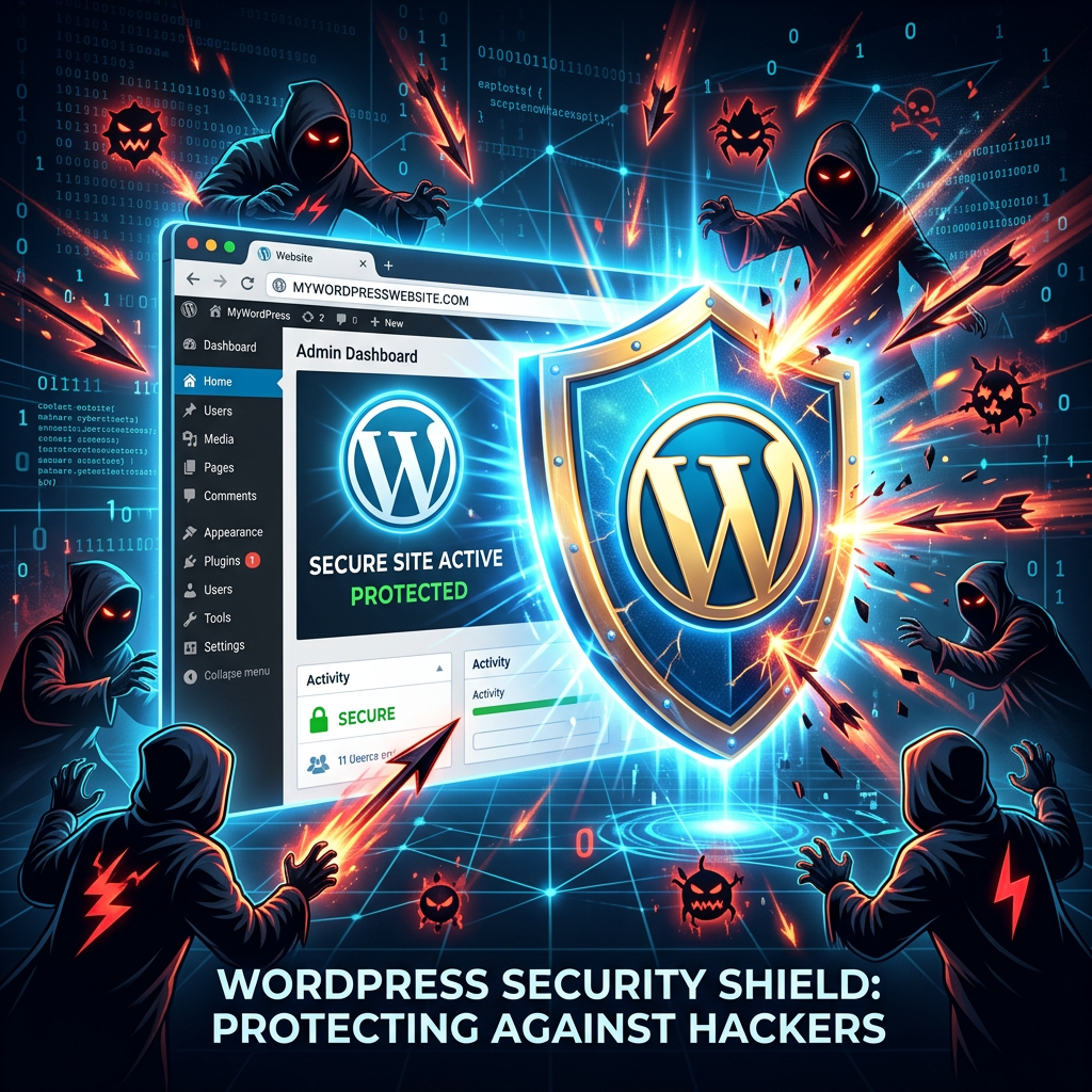 WordPress admin dashboard with security shield blocking hacker attacks