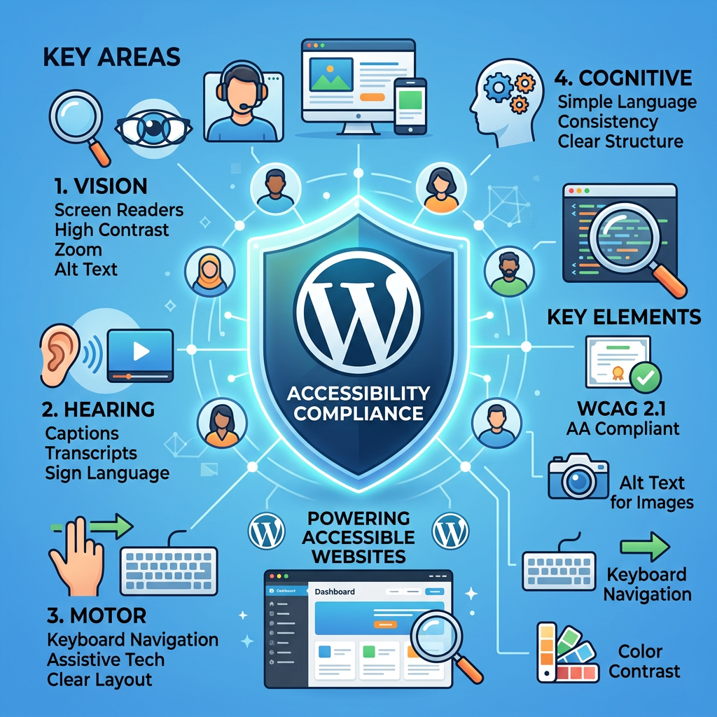 Infographic showing WordPress accessibility compliance with key areas vision, hearing, motor, cognitive, and WCAG 2.1 AA requirements