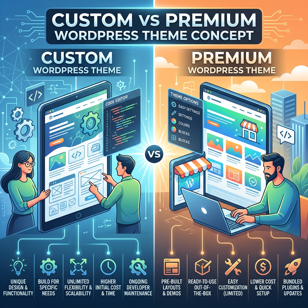 Comparison of custom and premium WordPress themes with features and benefits icons