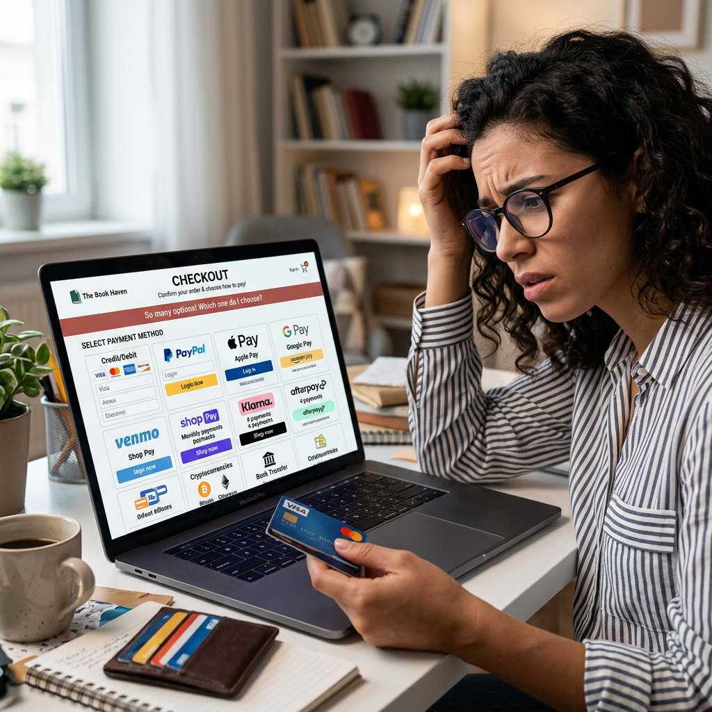 Woman holding credit card looking confused at multiple payment options on laptop screen