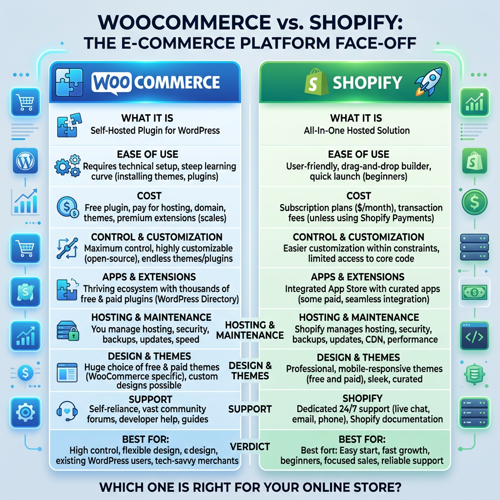 Table comparing WooCommerce and Shopify across categories like ease of use, cost, control, apps, hosting, design, support, and best use cases.