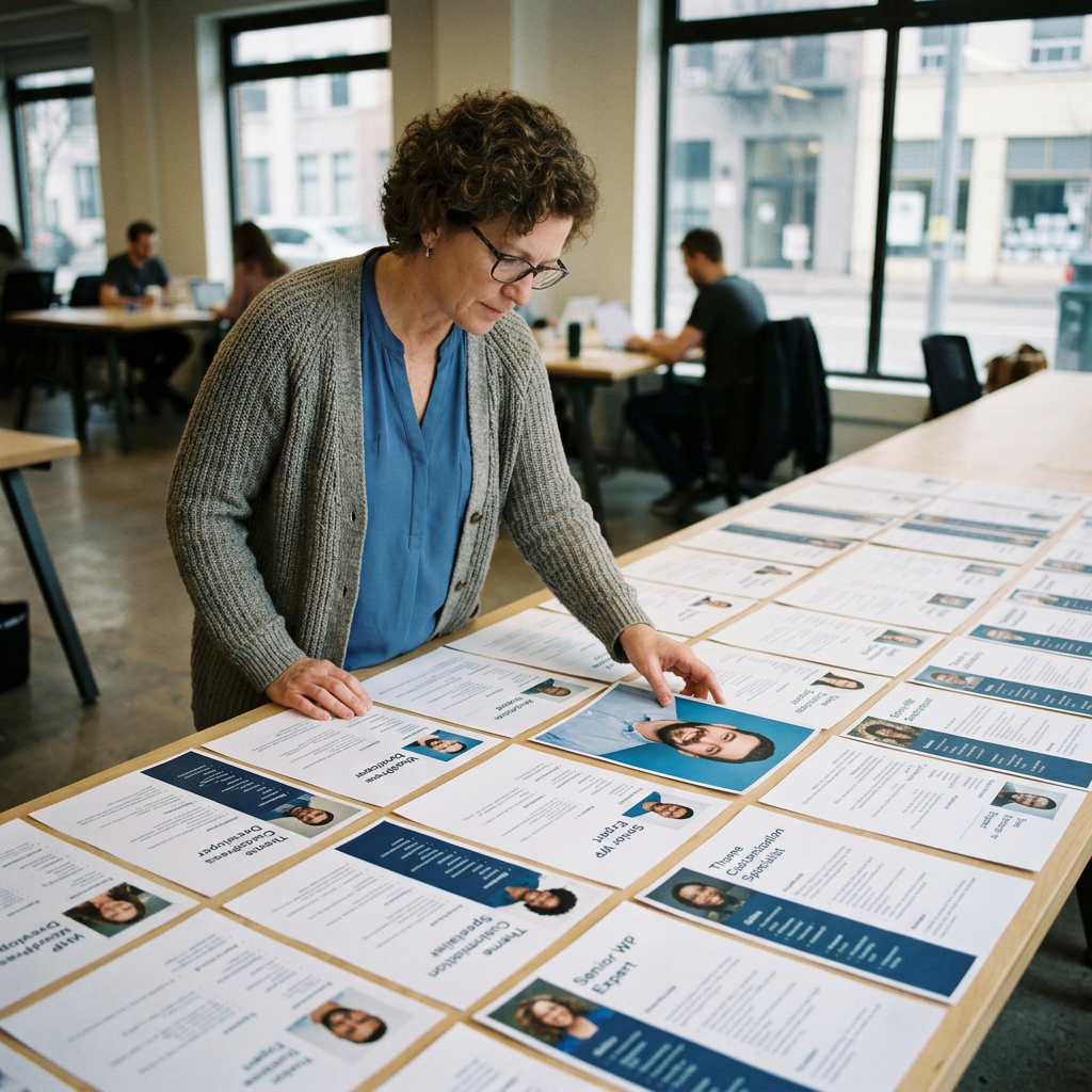 Woman examining resumes laid out on a table in an office