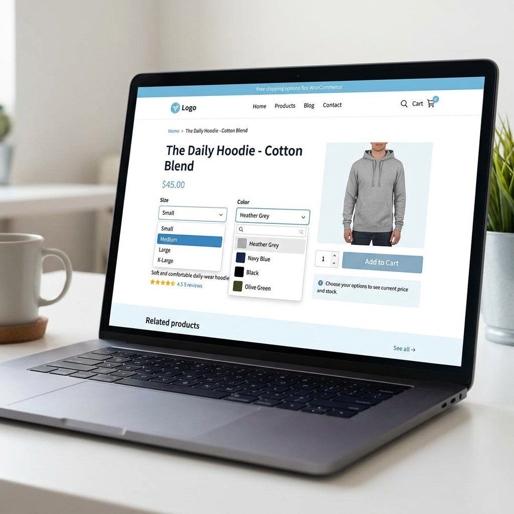 Online shopping page displaying The Daily Hoodie with size and color options on a laptop screen