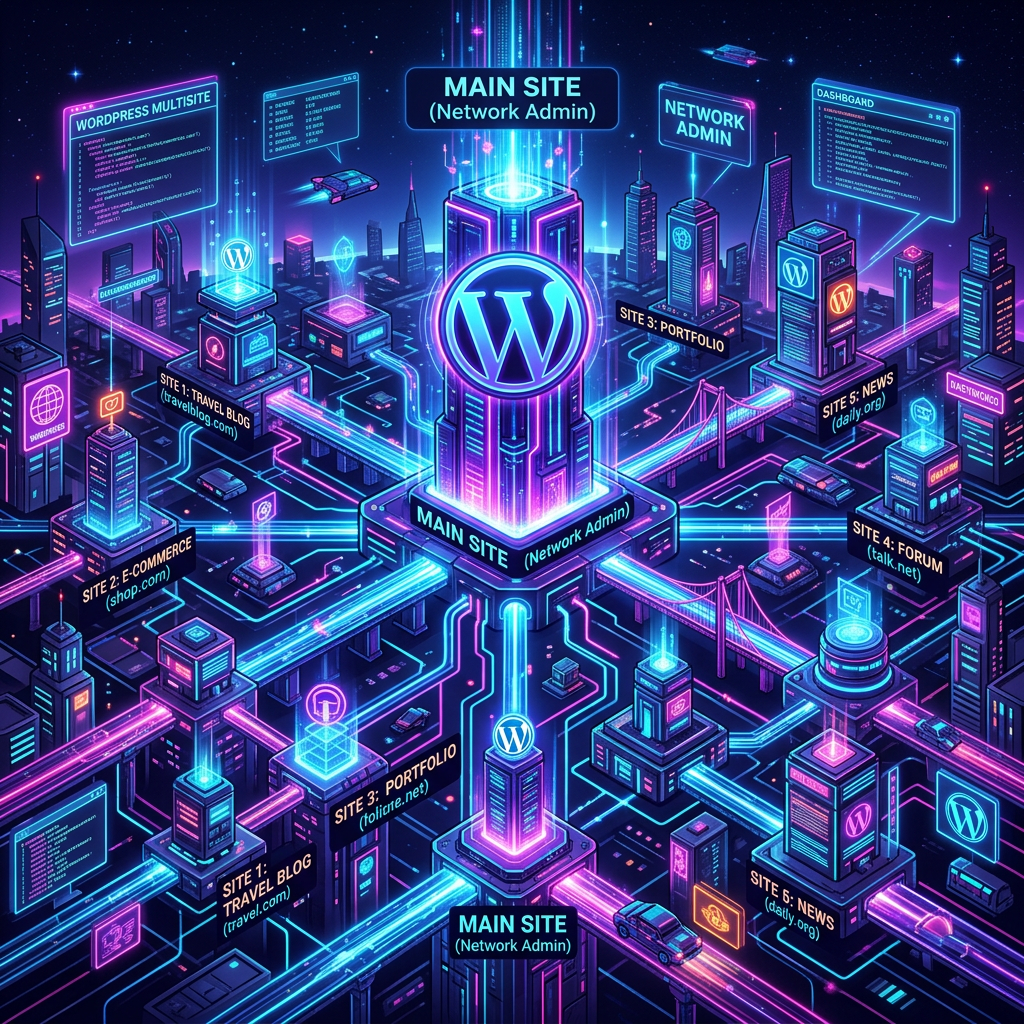 Digital cityscape showing WordPress multisite network with main site and sub-sites connected.