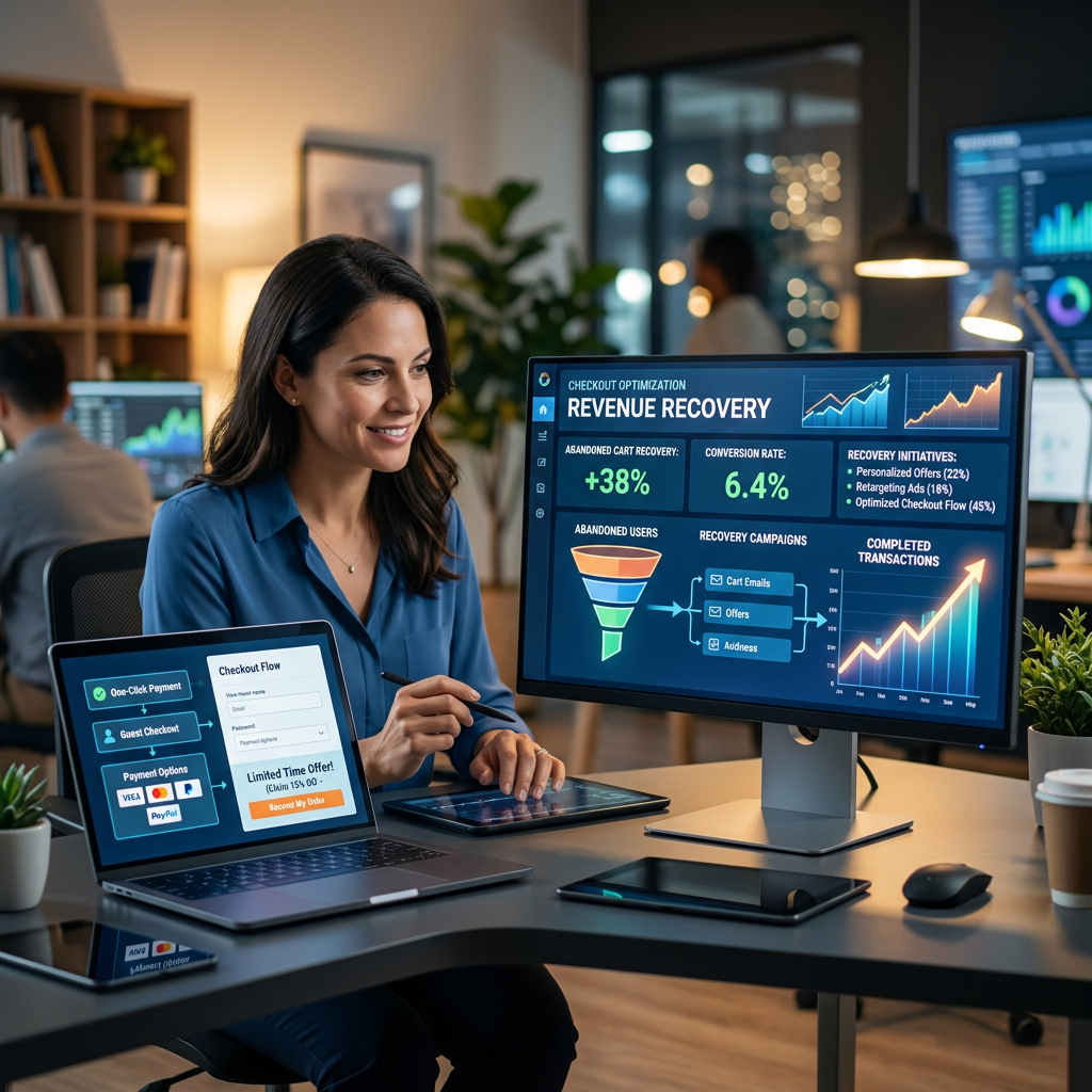 Woman analyzing revenue recovery and checkout optimization data on laptop and desktop monitors