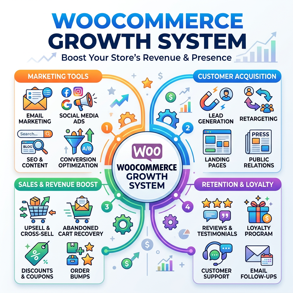WooCommerce growth system with marketing tools, customer acquisition, sales revenue boost, and retention loyalty sections