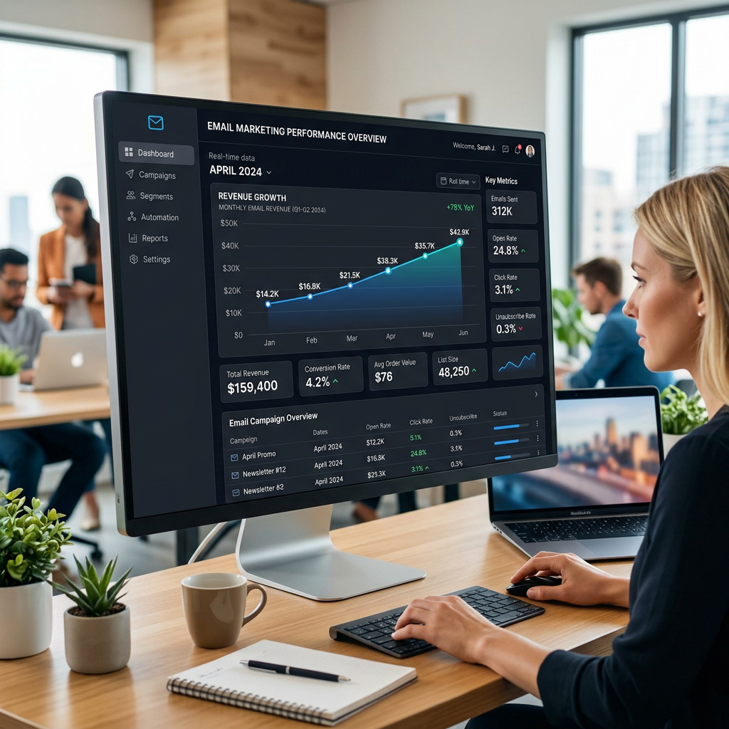 Email marketing performance dashboard showing revenue growth and key metrics