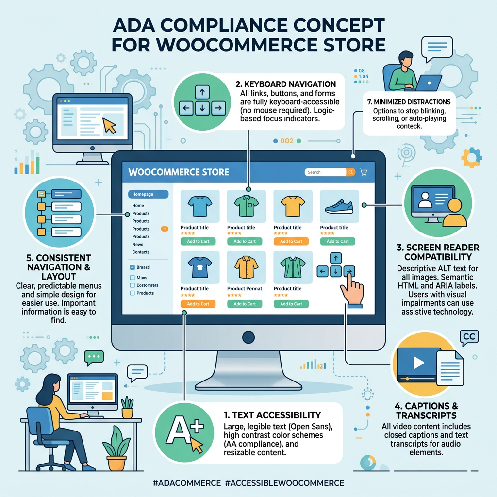 Graphic showing ADA compliance features for WooCommerce including text accessibility, keyboard navigation, screen reader compatibility, captions, consistent navigation, and minimized distractions