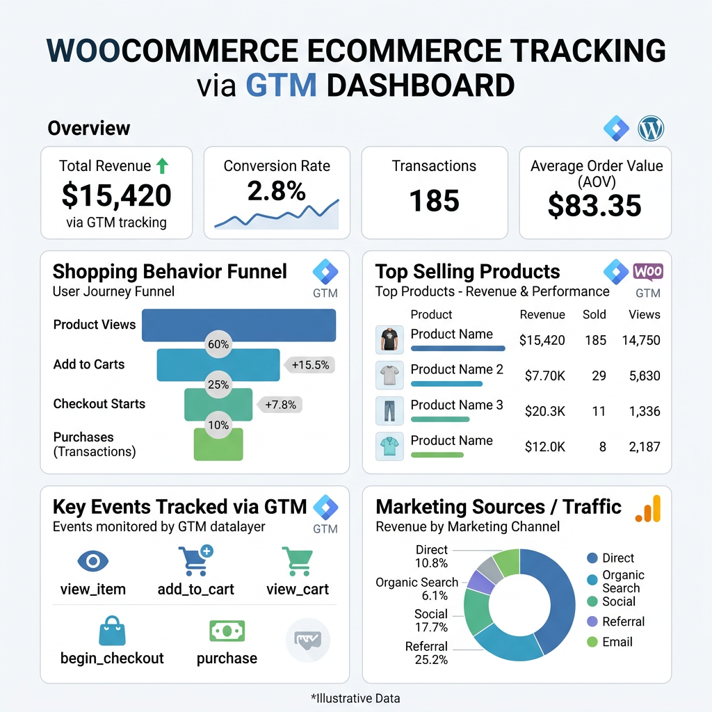 WooCommerce ecommerce tracking dashboard showing revenue, conversion rate, transactions, order value, shopping behavior funnel, top selling products, key GTM events, and marketing sources