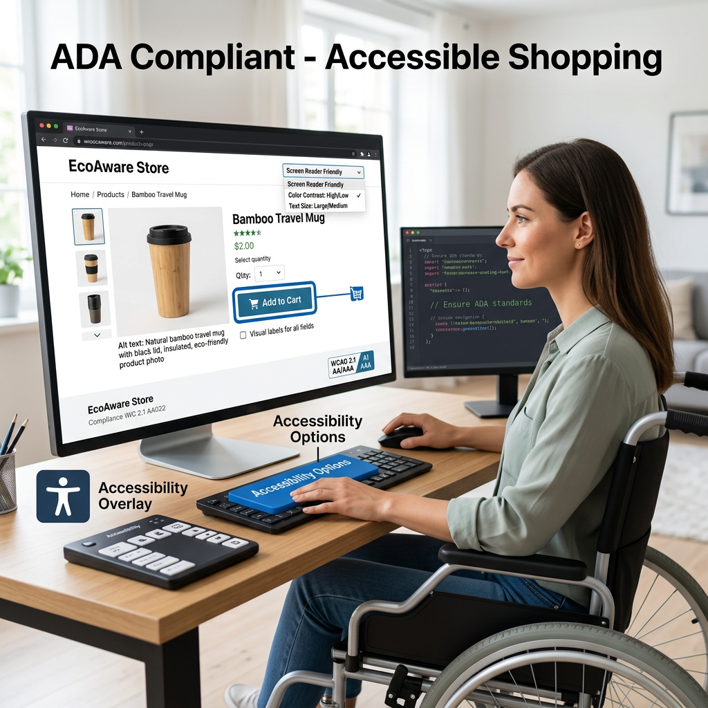 Person in wheelchair shopping online on ADA accessible website with accessibility options