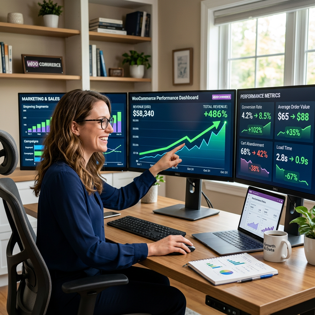 Woman analyzing WooCommerce sales revenue and performance metrics on multiple computer monitors in an office