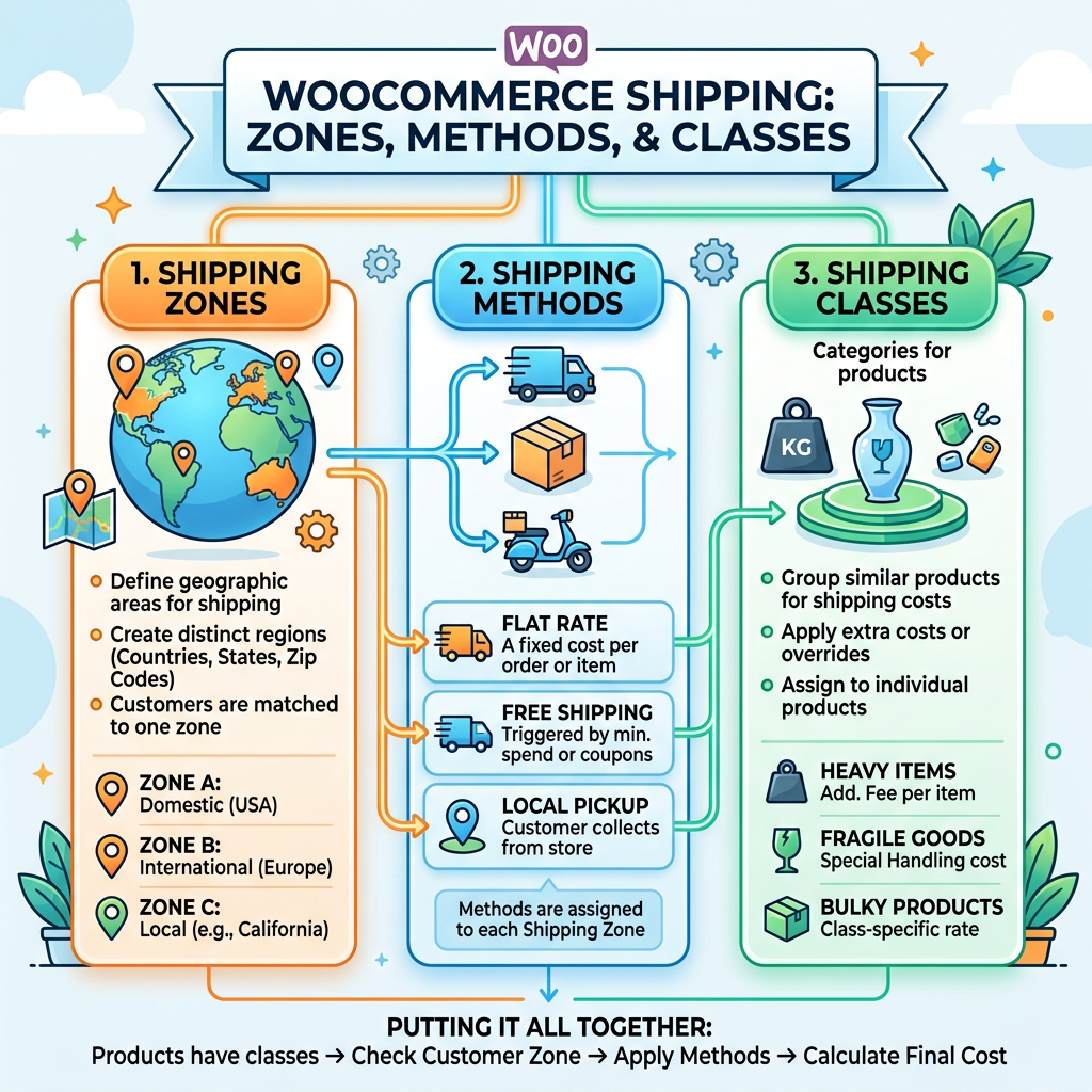 Diagram showing WooCommerce shipping zones, methods, and shipping classes with icons and descriptions.