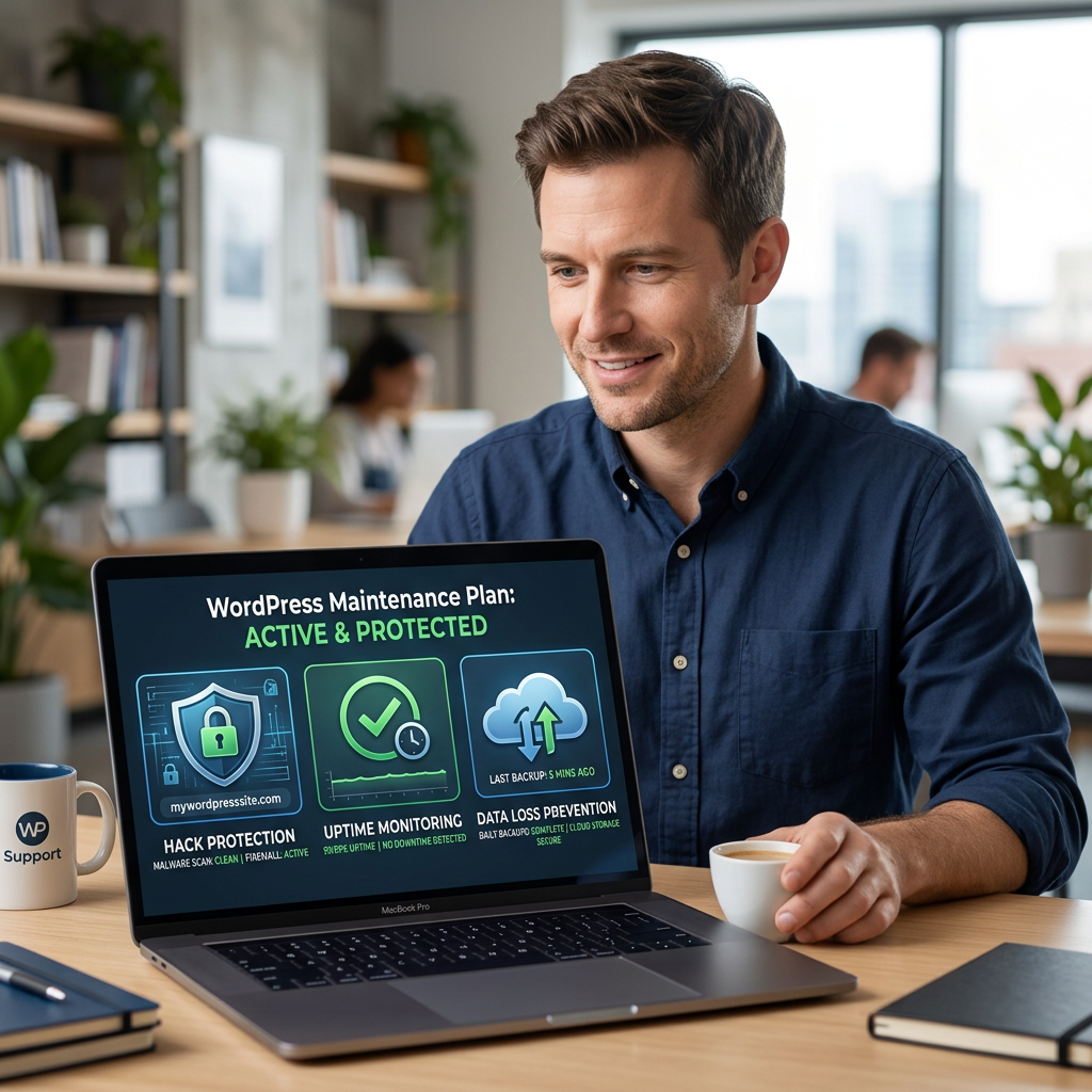 Laptop displays “WordPress Maintenance Plan: ACTIVE & PROTECTED” with security features