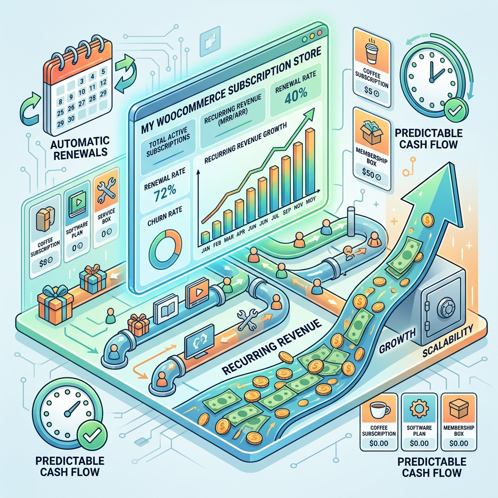 Illustration labeled MY WOOCOMMERCE SUBSCRIPTION STORE showing AUTOMATIC RENEWALS, RECURRING REVENUE, PREDICTABLE CASH FLOW, GROWTH, and SCALABILITY, with subscription products, metrics, charts, money, and process arrows.