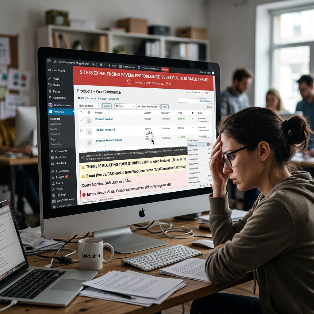 Developer reviewing WooCommerce dashboard with severe performance and loading errors