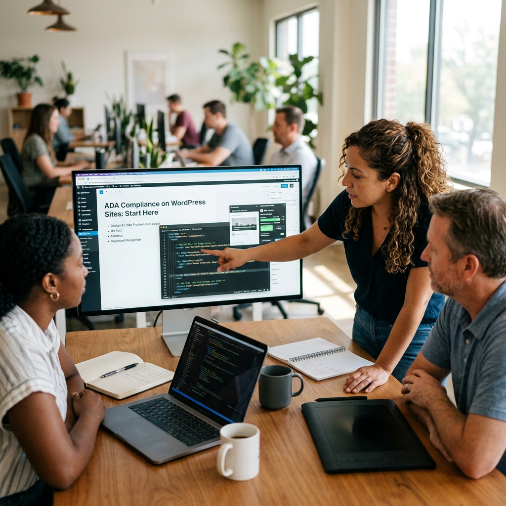 Team reviewing screen titled ADA Compliance on WordPress Sites: Start Here