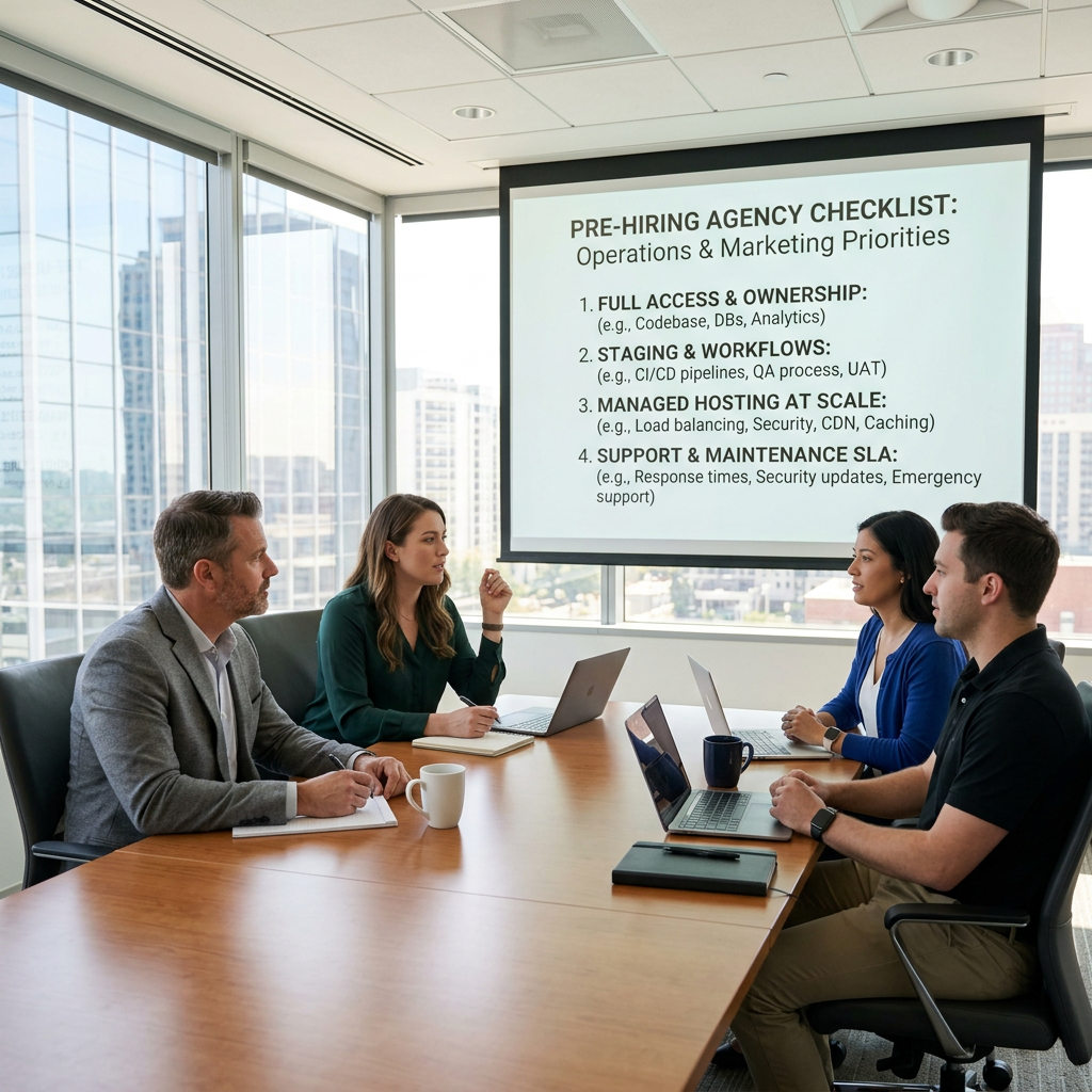 Team meeting beside slide reading "PRE-HIRING AGENCY CHECKLIST: Operations & Marketing Priorities" with four priorities: Full Access & Ownership, Staging & Workflows, Managed Hosting at Scale, and Support & Maintenance SLA.