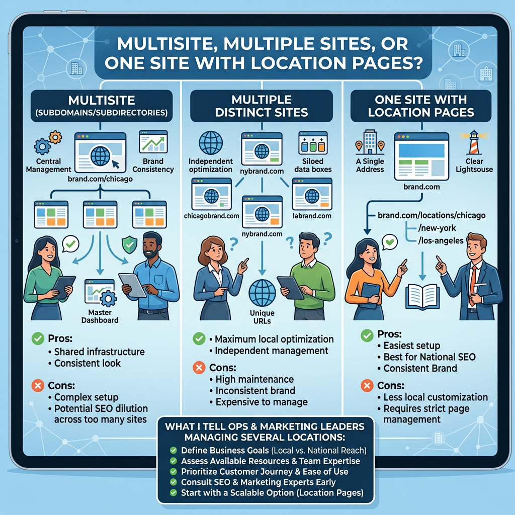 Infographic comparing multisite, multiple distinct sites, and location pages
