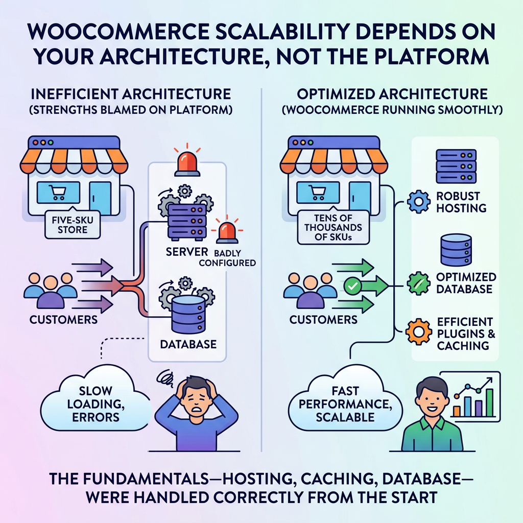 Infographic comparing inefficient and optimized WooCommerce architecture, hosting, database, caching, and scalability