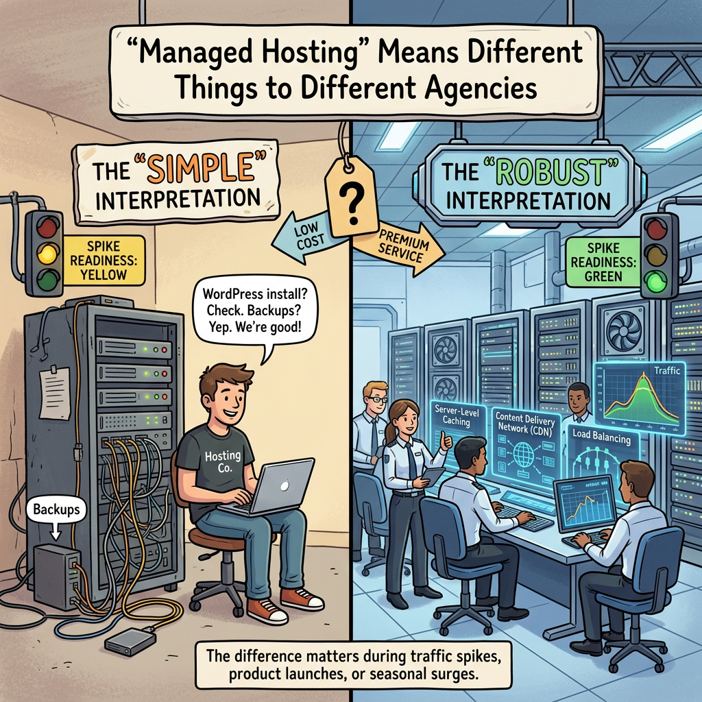 Illustration comparing simple and robust managed hosting, with servers, backups, monitoring, and traffic management