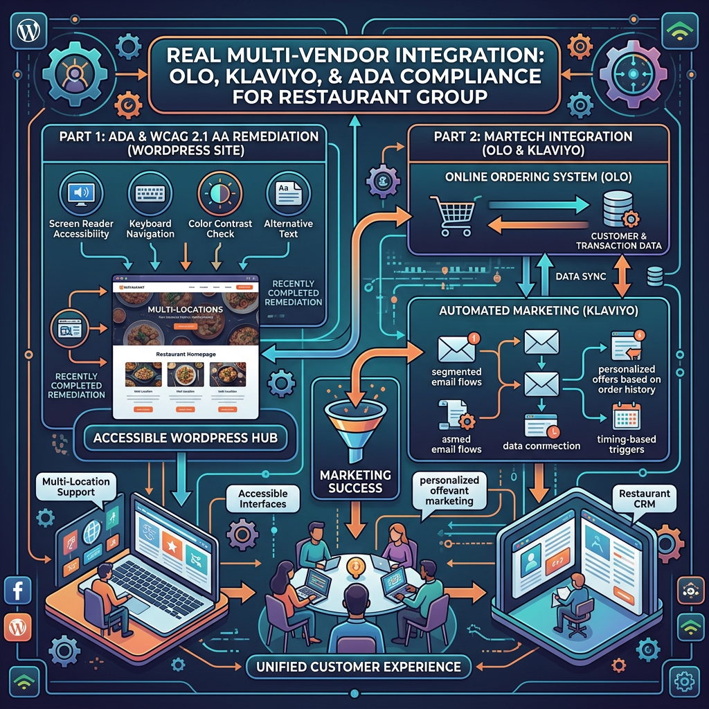 Infographic showing ADA remediation, OLO ordering, Klaviyo marketing, and unified restaurant customer experience