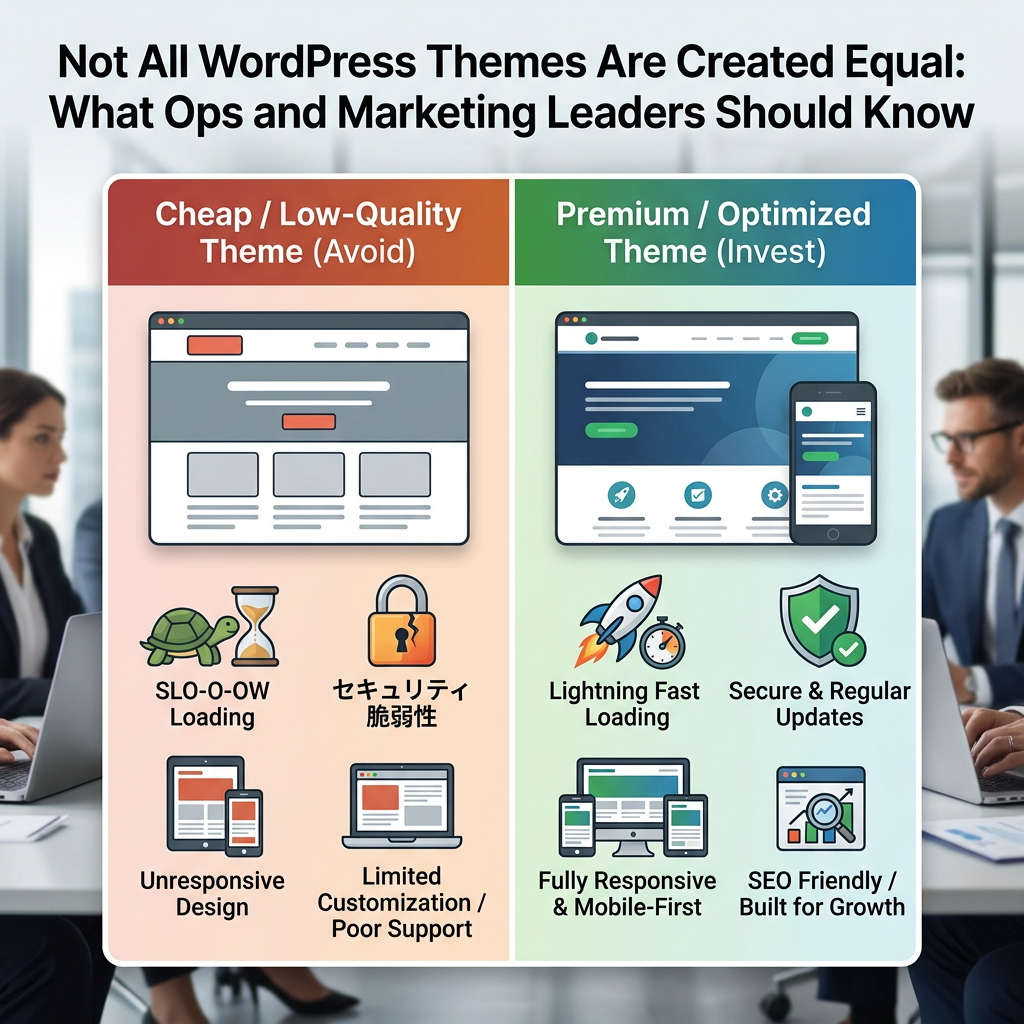Not All WordPress Themes Are Created Equal: What Ops and Marketing Leaders Should Know. Cheap / Low-Quality Theme (Avoid): SLO-O-OW Loading, セキュリティ脆弱性, Unresponsive Design, Limited Customization / Poor Support. Premium / Optimized Theme (Invest): Lightning Fast Loading, Secure & Regular Updates, Fully Responsive & Mobile-First, SEO Friendly / Built for Growth.