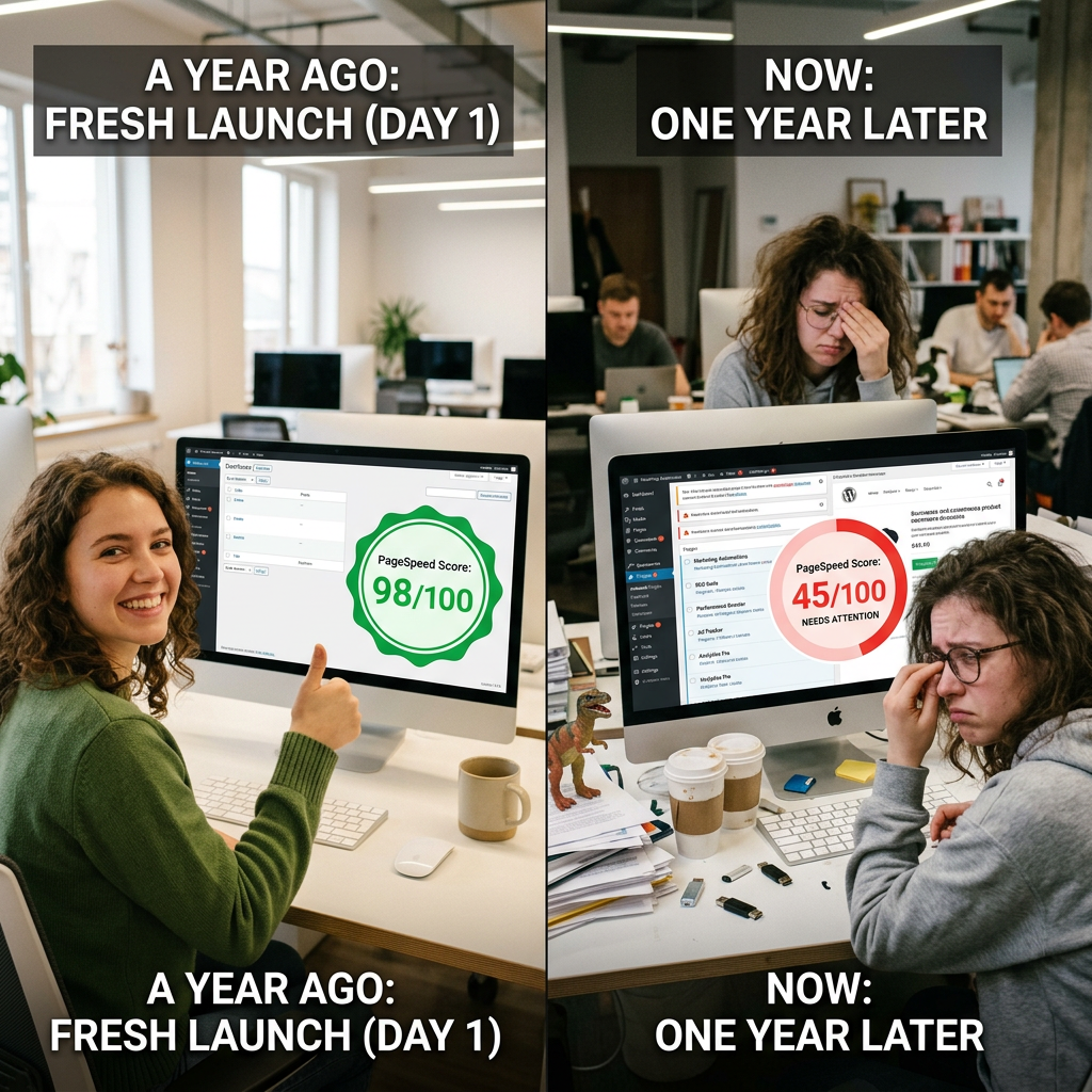 Split-screen startup comparison: fresh launch scores 98/100, while one year later scores 45/100 and needs attention.