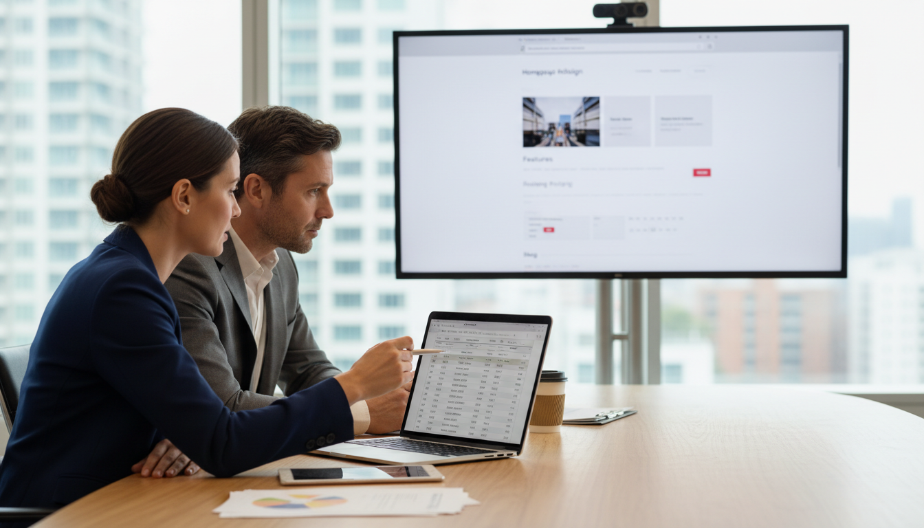 Operations and marketing leaders in a conference room reviewing a website project plan and budget on a laptop and wall monitor