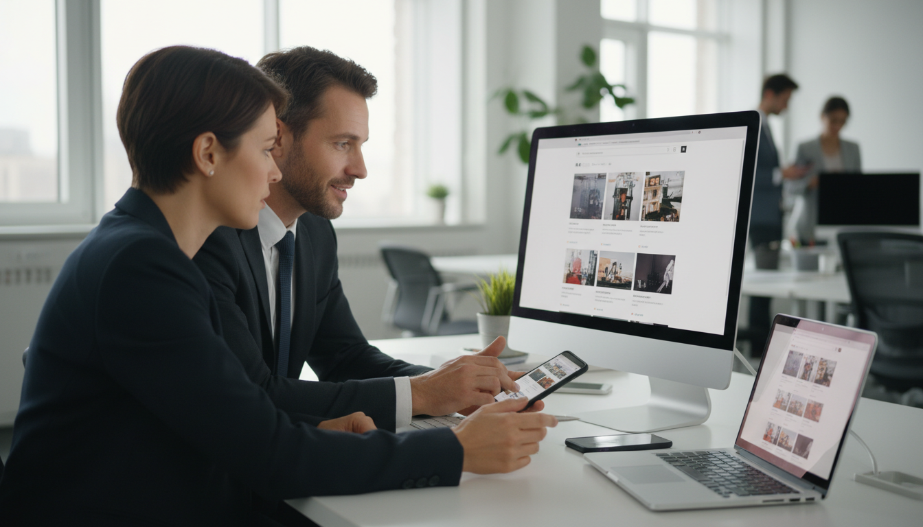 Two business professionals at an office desk reviewing an online store on a desktop monitor, laptop, and smartphone