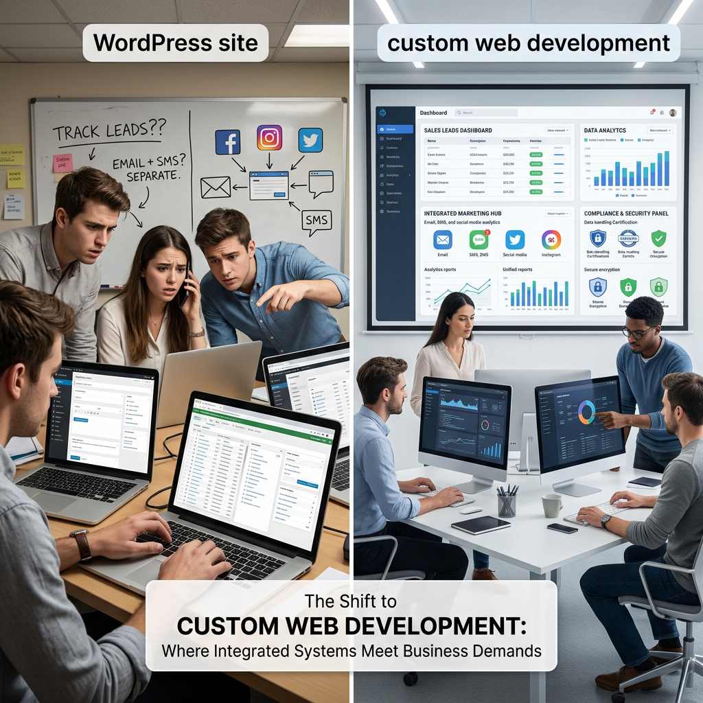 Split comparison labeled “WordPress site” and “custom web development,” with “The Shift to Custom Web Development” below.