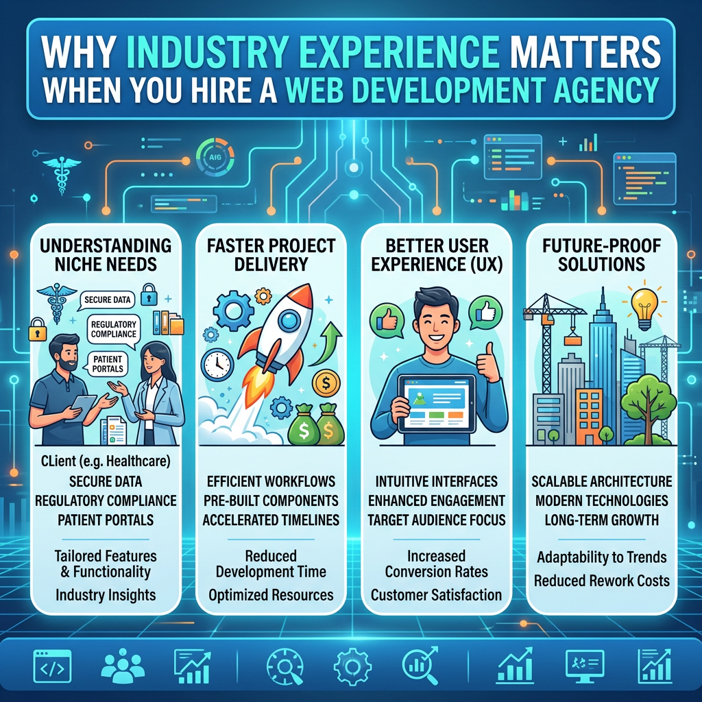 Infographic titled “Why Industry Experience Matters When You Hire a Web Development Agency,” covering niche needs, faster project delivery, better UX, and future-proof solutions.