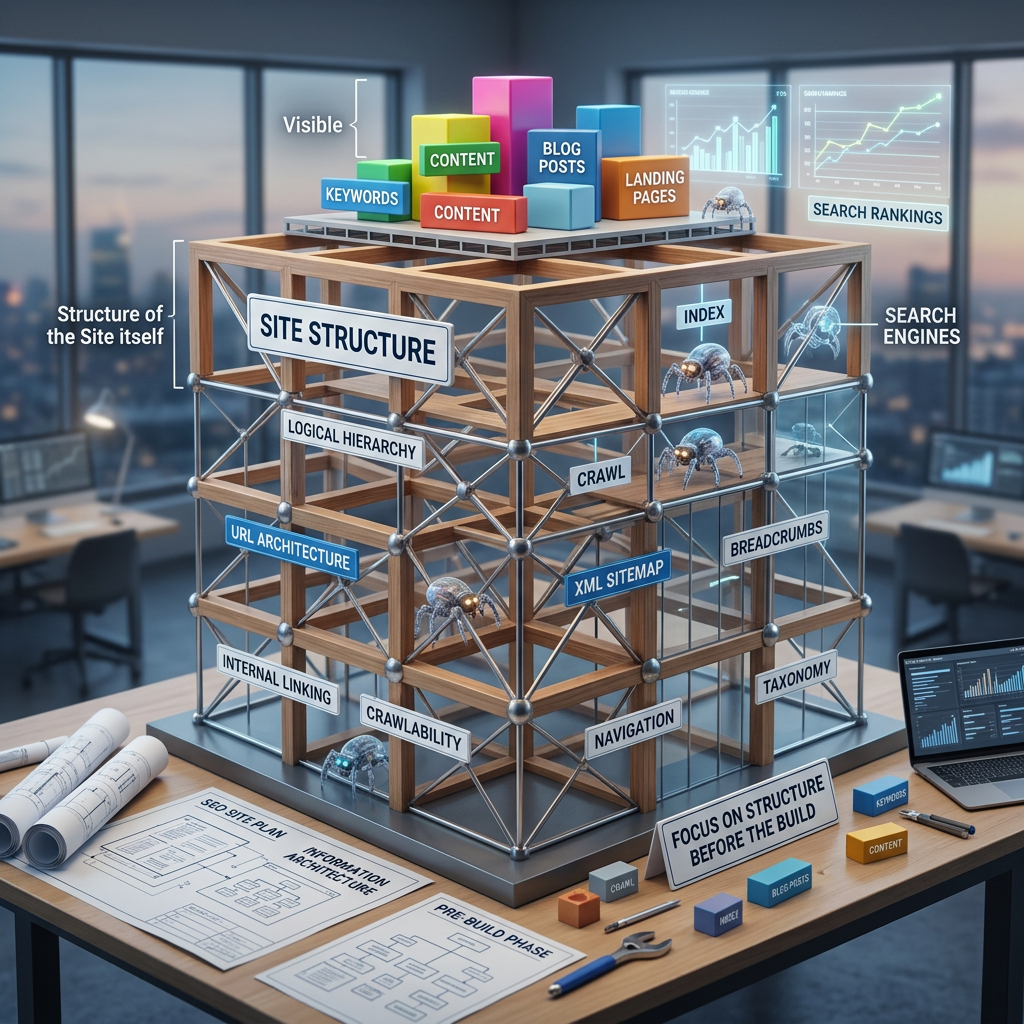 SEO site structure model labeled content, blog posts, landing pages, keywords, crawl, index, sitemap, navigation, taxonomy, and search rankings