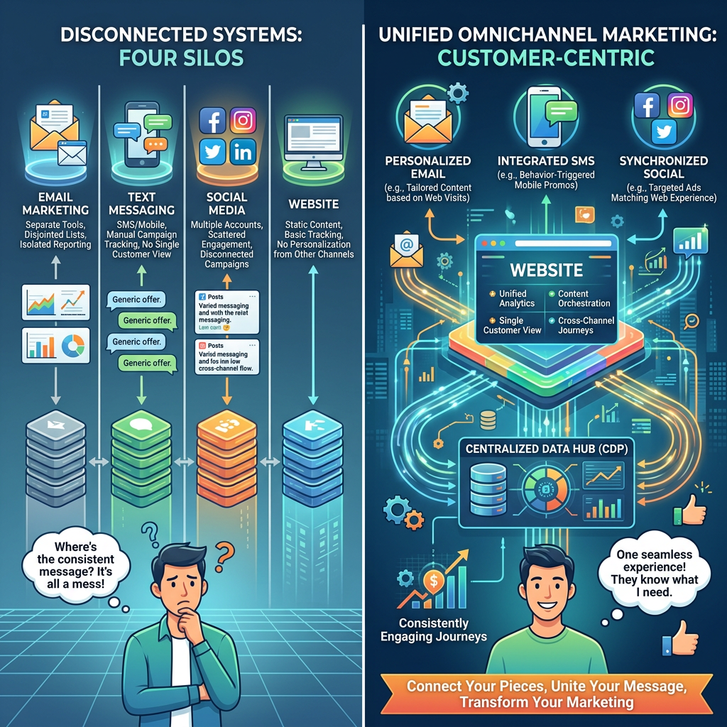 Infographic comparing disconnected marketing silos with unified omnichannel marketing and centralized customer data