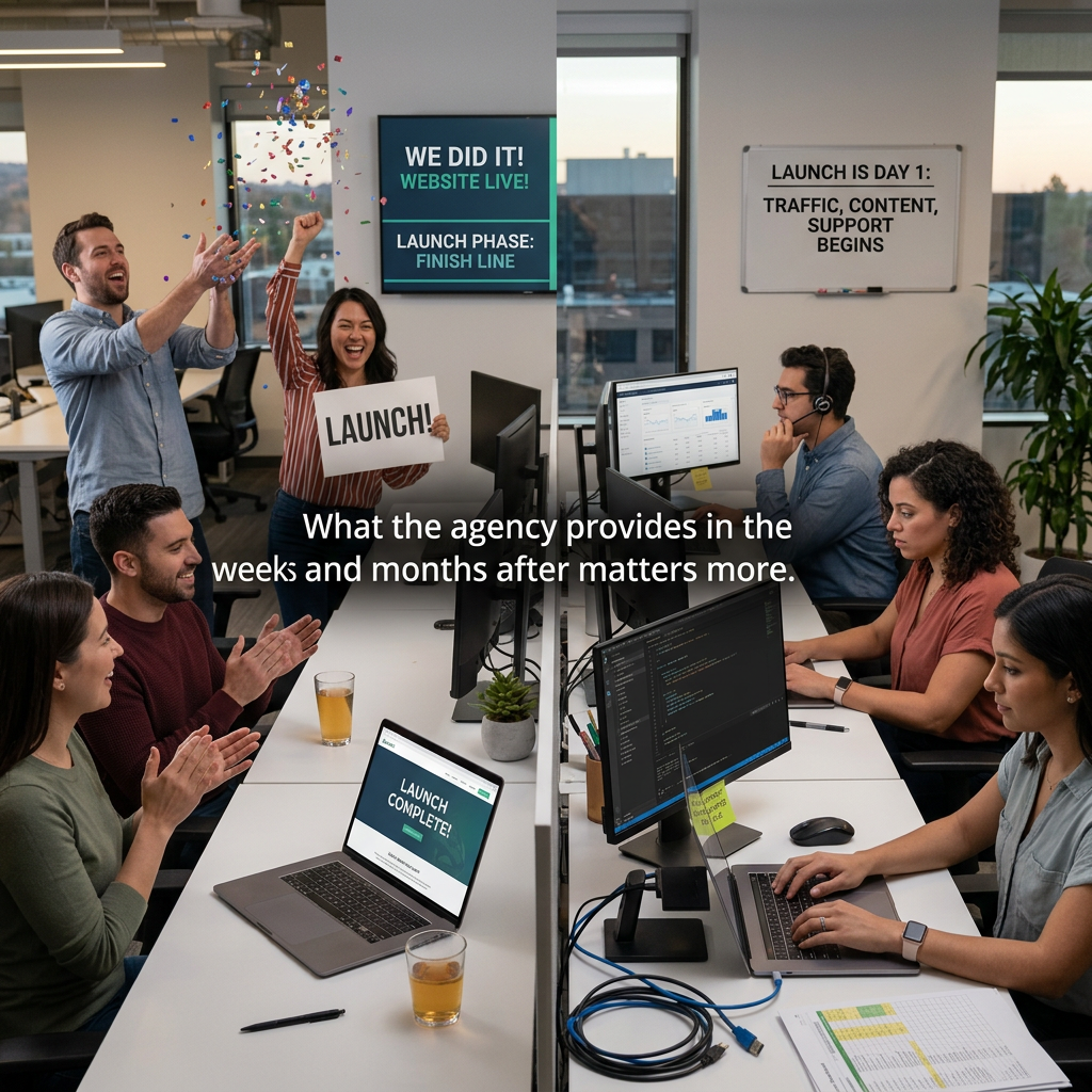 Agency team celebrates website launch; signs read “WE DID IT! WEBSITE LIVE!”, “LAUNCH!”, and “LAUNCH IS DAY 1: TRAFFIC, CONTENT, SUPPORT BEGINS”; overlay reads “What the agency provides in the weeks and months after matters more.”