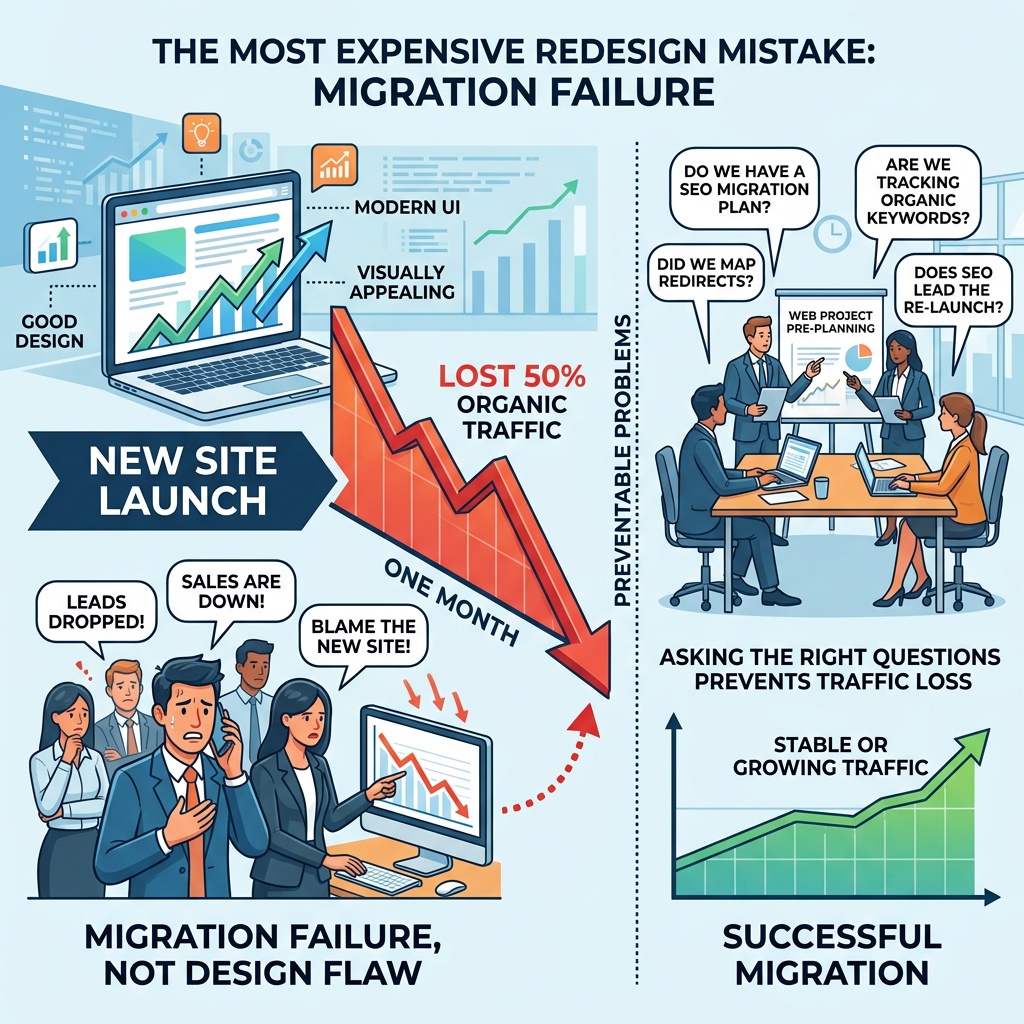 Infographic comparing migration failure causing 50% organic traffic loss with successful migration planning