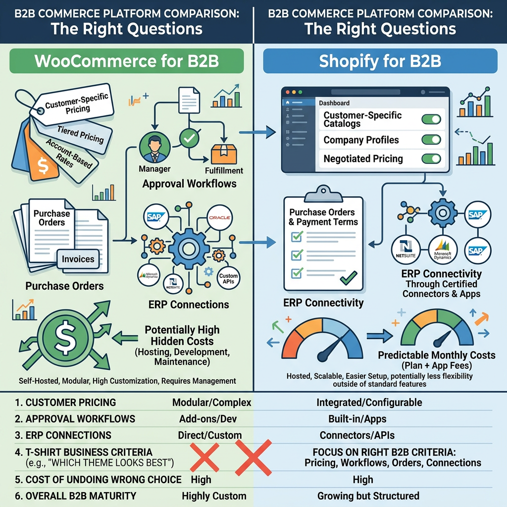 B2B comparison infographic contrasting WooCommerce and Shopify across pricing, workflows, ERP, and costs